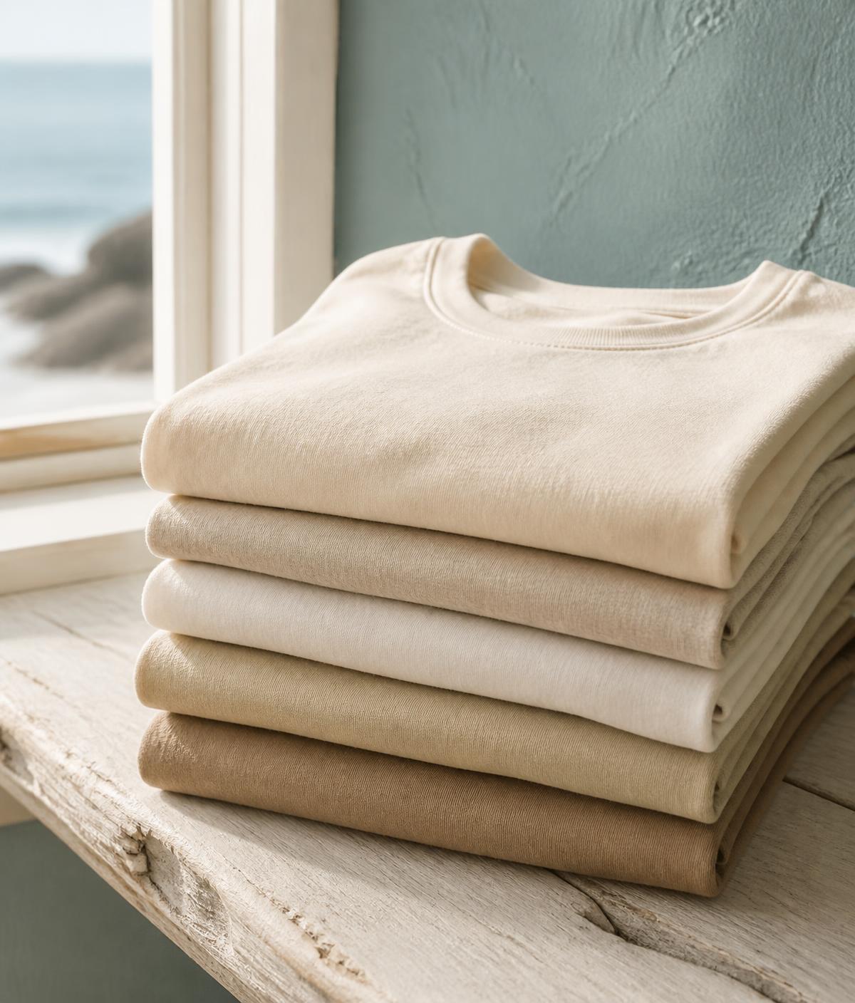 Folded cream and sand cotton tees stacked by a coastal window