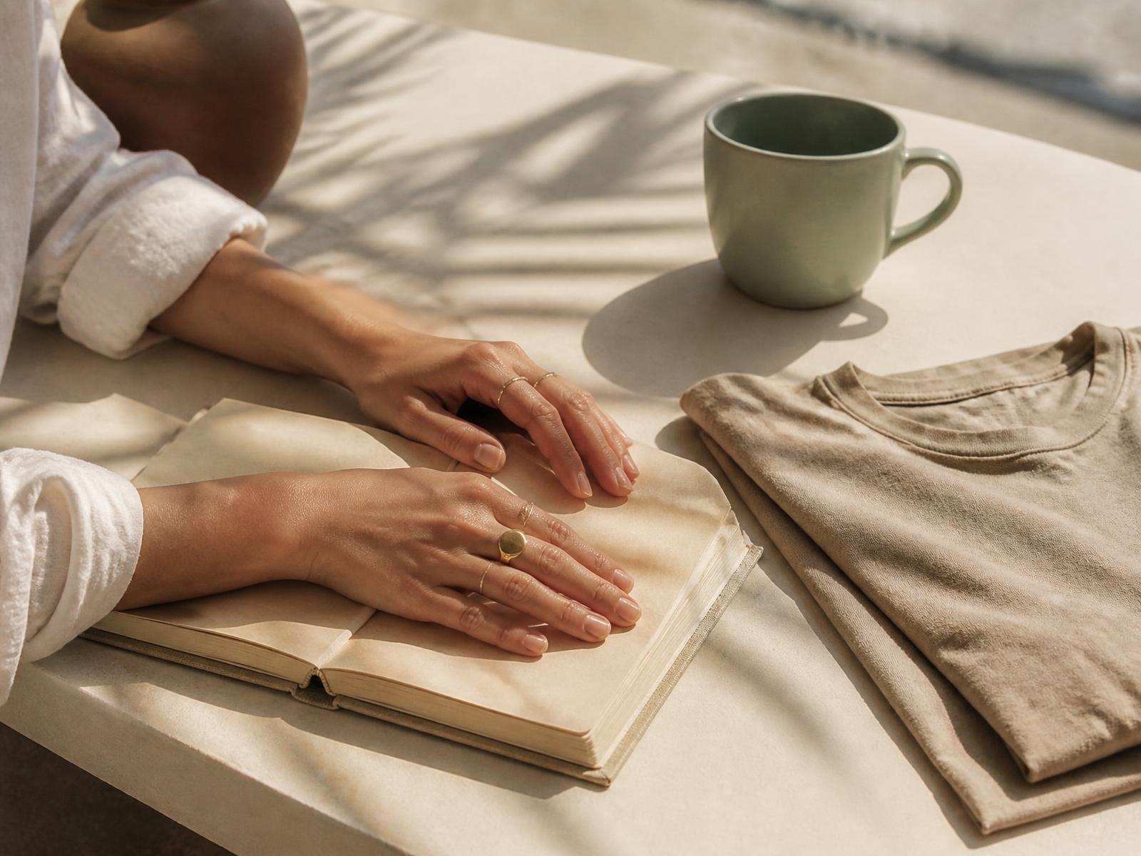 An open journal, folded tee and seafoam mug in warm coastal morning light