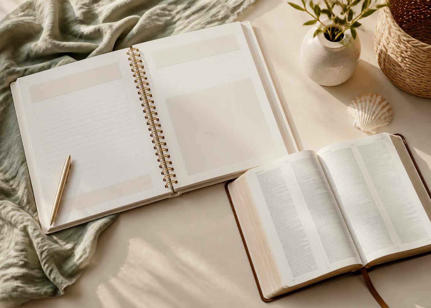 An open workbook and Bible on a warm ivory desk